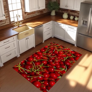 Realistic Cherries Kitchen Rug | Vibrant Red Fruit Floor Mat | Berry Themed Home Decor | Foodie Gift | Washable Farmhouse Kitchen Rug