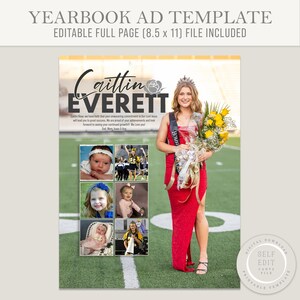 Puede incluir: Plantilla de anuncio de anuario con el texto "Caitlin Everett" y una foto de una mujer con un vestido rojo sosteniendo flores. La plantilla incluye espacio para varias fotos y el texto "Editable Full Page (8.5 x 11) File Included."