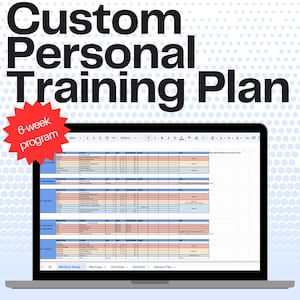 May include: A laptop displays a custom personal training plan. The screen shows a spreadsheet with workout details. Text on the screen includes "Workout Setup" and "Nutrition." The image also features the text "6-week program" and "From a NASM certified personal trainer."