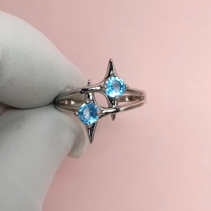 Sterling Silver Star Ring, Adjustable Blue CZ Ring, Celestial Silver Ring, Minimalist Starburst Ring, Dainty Statement Jewelry Gift for Her.