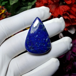 Peut inclure: Une pierre précieuse de lapis-lazuli polie en forme de goutte d'eau. La pierre bleu foncé présente des éclats d'or et de blanc, et est tenue dans une main gantée de blanc. La pierre est présentée sur un fond de fleurs rouges et violettes.