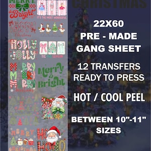 Könnte beinhalten: Ein vorgefertigtes Weihnachts-Transferbogen, 56x152 cm, mit 12 druckfertigen Designs. Das Bogen enthält festliche Texte und Grafiken in Größen zwischen 25-28 cm. Mit "Merry & Bright" und dem Weihnachtsmann.