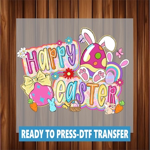 May include: A colorful "Happy Easter" design featuring an Easter egg bunny, eggs, flowers, and carrots. The design includes the text "READY TO PRESS-DTF TRANSFER" at the bottom. The design is perfect for Easter-themed crafts.
