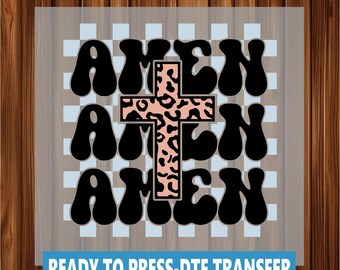 Klaar om te drukken Christian Amen Cheetah Cross DTF-overdracht: religieus hittepersontwerp