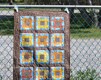 Autumn Quilted Wall Hanging Art Piece, Gold, Blue, Brown