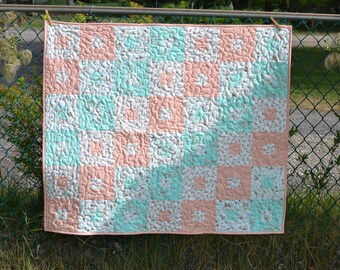 Sweet Baby Quilt, Mint and Peach Patchwork blanket,