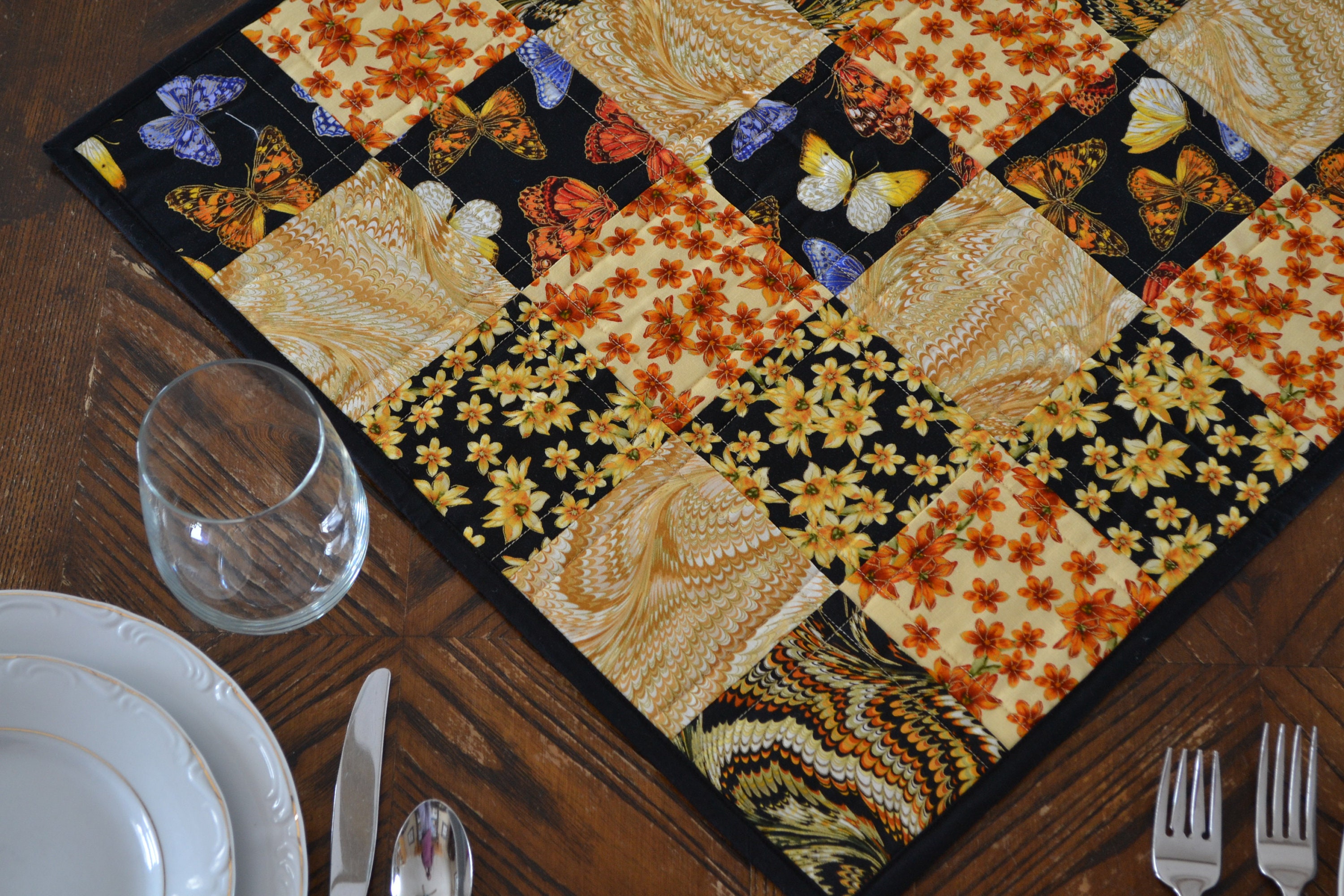 Quilted Table Runner Floral Butterflies Quilted Cotton Table Etsy