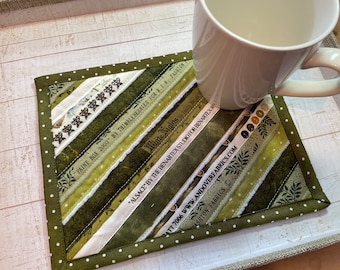 Green Selvage Mug Rug, Cotton Coaster, Quilted placemat