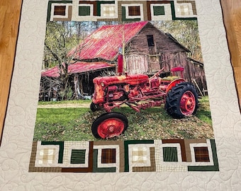 Red barn and Tractor Lap Quilt with Brown Minky Back
