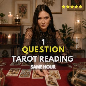 May include: A tarot card reading service featuring the text 1 QUESTION TAROT READING SAME HOUR. The image displays a collection of tarot cards laid out on a dark red surface, with a person in a brown patterned top reaching for a card.