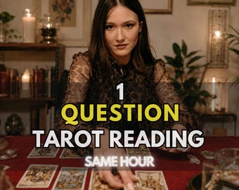 May include: A tarot card reading service featuring the text 1 QUESTION TAROT READING SAME HOUR. The image displays a collection of tarot cards laid out on a dark red surface, with a person in a brown patterned top reaching for a card.