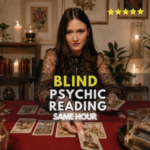 May include: A person wearing a brown leopard print long-sleeve top with hands resting on a red tablecloth covered in tarot cards. The text BLIND PSYCHIC READING SAME HOUR is overlaid in the center, with five yellow stars in the top right corner.