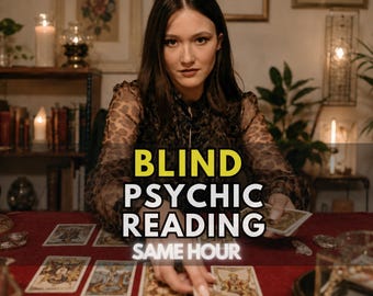 May include: A person wearing a brown leopard print long-sleeve top with hands resting on a red tablecloth covered in tarot cards. The text BLIND PSYCHIC READING SAME HOUR is overlaid in the center, with five yellow stars in the top right corner.