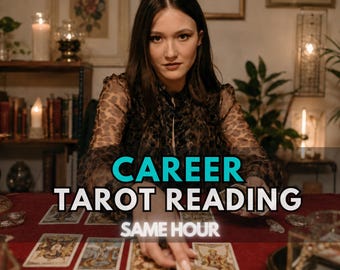 May include: A person with long dark hair wearing a brown leopard print top, positioned behind a red table covered in tarot cards. The text CAREER TAROT READING SAME HOUR is overlaid in the center. Five yellow stars appear in the top right corner.