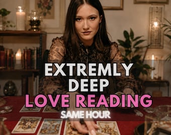 May include: A person with long dark hair wearing a brown leopard print top, positioned behind a red table covered with tarot cards. The text reads EXTREMLY DEEP LOVE READING SAME HOUR. Five yellow stars are displayed in the upper right corner.