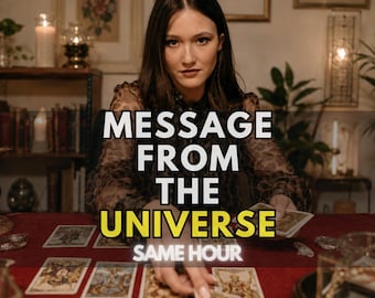 May include: A person with long dark hair wearing a brown leopard print blouse, positioned behind a red table covered with tarot cards. The text MESSAGE FROM THE UNIVERSE SAME HOUR is overlaid in white and yellow, with five yellow stars in the corner.