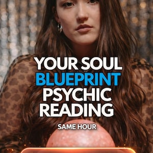 Può includere: Immagine di una donna con lunghi capelli castani, con sovrapposizione di testo: "YOUR SOUL BLUEPRINT PSYCHIC READING" e "GET A PSYCHIC READING". Un globo rosa brillante è in primo piano. Lo sfondo ha un effetto bokeh.