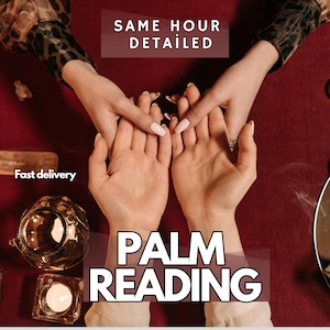 Puede incluir: Imagen de dos manos con el texto "PALM READING" y "SAME HOUR DETAILED". Las manos están posicionadas sobre una superficie roja. Se ven una pequeña vela y un recipiente de vidrio decorativo.