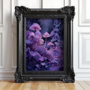 Purple Mushroom Wall Art, Dark Academia Toadstool Painting Decor Forest Nature Fantasy Print Instant Digital Download Printable Wall Art