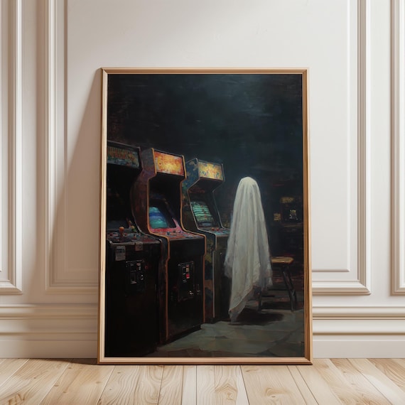 Vintage Ghost Art Print: Retro Arcade Painting Dark Academia Home Decor (Unframed)