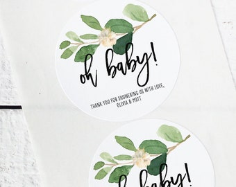 Botanical Greenery Favor Labels | Baby Shower Favor Stickers | Round Favor Stickers | Oh Baby Favor Labels | Mason Jar Labels | Neutral Baby