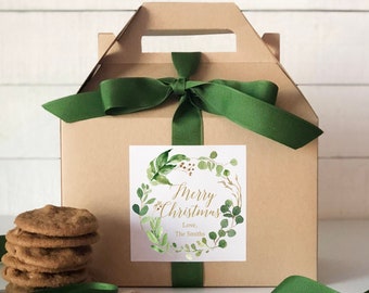 Holiday Gift Boxes - Merry Christmas Botanical Greenery Label | Personalized Gift Boxes | Christmas Cookie Boxes | Holiday Boxes - Set of 8