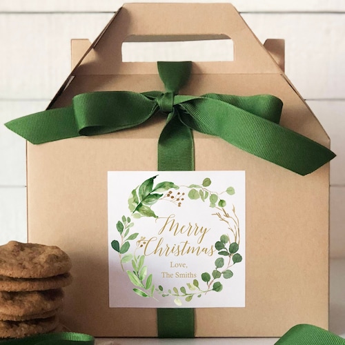 Holiday Gift Boxes Merry Christmas Botanical Greenery Label Etsy
