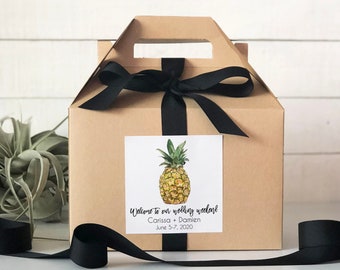 Set of 6-Out of Town Guest Box | Wedding Welcome Box | Out of Town Guest Bag | Tropical Wedding Welcome Bag | Pineapple Label