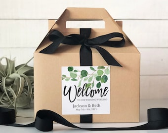 Set of 6-Out of Town Guest Box | Wedding Welcome Box | Wedding Welcome Bag | Out of Town Guest Bag | Wedding Favor | Eucalyptus Label Design