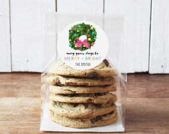 24 Holiday Cookie Bags | Flat Bottom Cellophane Bags - May Your Days Be Merry & Bright Label | Christmas Party Favor | Christmas Cookie Bags