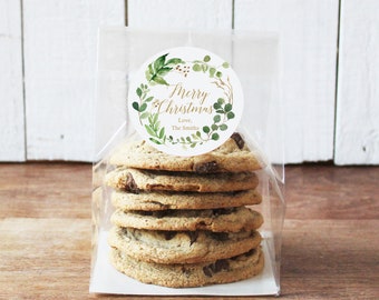 24 Christmas Cookie Bags | Flat Bottom Cellophane Bags - Botanical Greenery Merry Christmas Label | Christmas Party Favor | Cookie Party