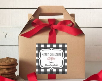 Holiday Gift Boxes - Buffalo Check Merry Christmas Label | Personalized Gift Boxes | Bakery Gift Boxes | Christmas Cookie Boxes | Set of 8