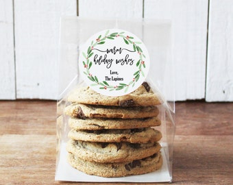 24 Christmas Cookie Bags | Flat Bottom Cellophane Bags - Warm Holiday Wishes Wreath Label | Christmas Party Favor | Cookie Party
