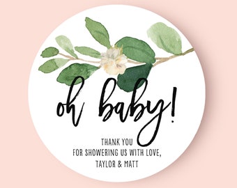 Oh Baby Favor Labels | Baby Shower Favor Stickers | Round Favor Stickers | Greenery Favor Labels | Mason Jar Labels | Neutral Baby Shower