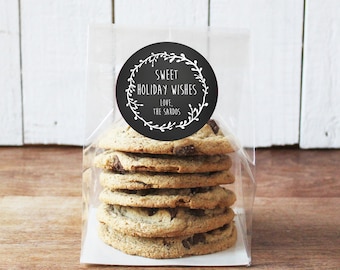 24 Holiday Cookie Bags | Flat Bottom Cellophane Bags - Laurel Sweet Holiday Wishes Label | Holiday Party Favor Bag | Christmas Cookie Bags