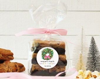 12 Personalized Holiday Cellophane Bags - Wreath Design - candy bags, cookie bags, holiday party favors, gift bags, goody bags, baked goods