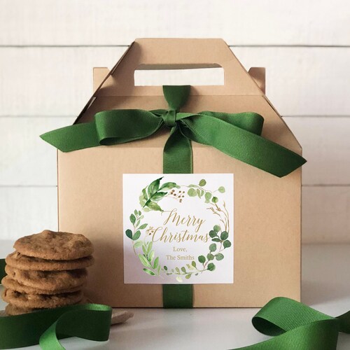 Holiday Gift Boxes Merry Christmas Botanical Greenery Label Etsy