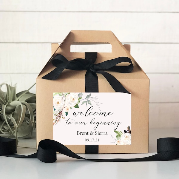 Set of 6-Out of Town Guest Box | Wedding Welcome Box | Wedding Welcome Bag | Out of Town Guest Bag | Wedding Favor | Neutral Floral Label