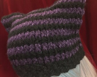 Purple/Black Striped Cat Ear Hat