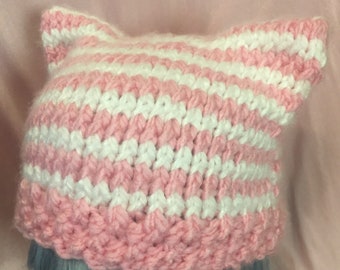 Pink-White Striped Cat Ear Hat