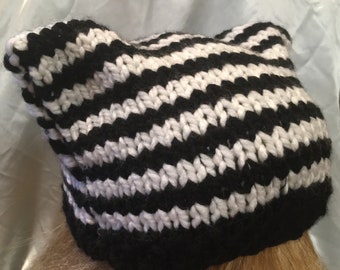 Black-White Striped Cat Ear Hat