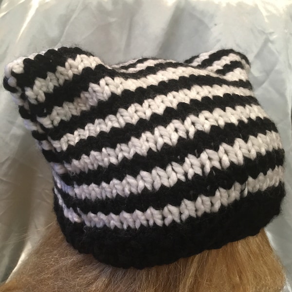 Black-White Striped Cat Ear Hat