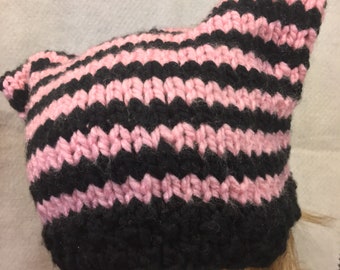 Pink-Black Striped Cat Ear Hat