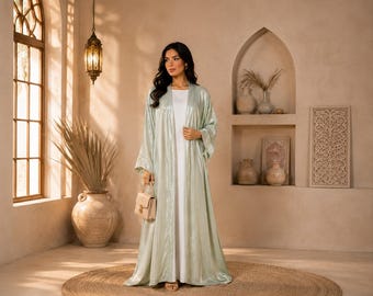 Pistachio Green Satin Abaya Kimono, Modest Open Front Cardigan, Eid Ramadan Wear