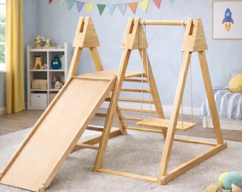 Wooden Jungle Gym for Toddlers with Slide and Swing, Indoor Climbing Frame, Montessori Play Gym.