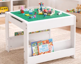 Tavolo attività 3 in 1 in legno per bambini, tavolo con contenitore per i più piccoli, tavolo da gioco, scrivania da disegno con libreria Montessori, mobili per bambini.