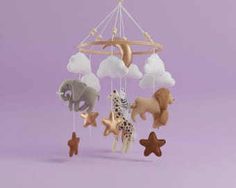 Giostrina Safari per culla, decorazione per cameretta a tema giungla, giostrina in feltro con animali, giraffa, elefante, leone, zebra, regalo per baby shower, giostrina Boho