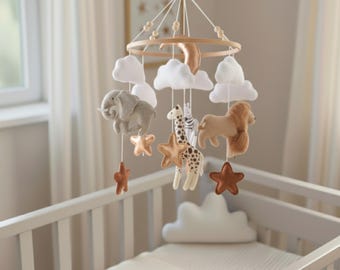 Giostrina Safari per culla, decorazione per cameretta a tema giungla, giostrina in feltro con animali, giraffa, elefante, leone, zebra, regalo per baby shower, giostrina Boho