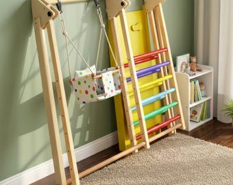 Colorful Indoor Gym, Toddler Playground, Climbing Set with Swing and Slide, Foldable Wood Triangle Climber, 2nd 3rd Birthday Gift