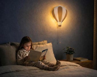 Luminária de Balão de Ar Quente - Decoração de Parede para Quarto Infantil - Arandela Infantil a Pilhas - Quarto de Bebê Estilo Escandinavo - Presente para Chá de Bebê, Luz Noturna de Madeira